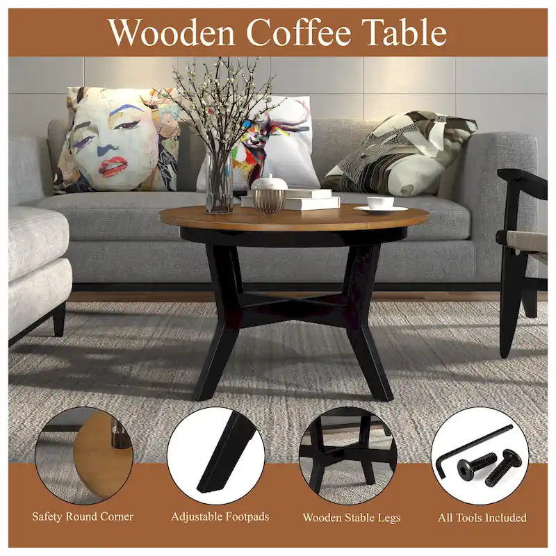 Table basse ronde en bois massif de style rustique