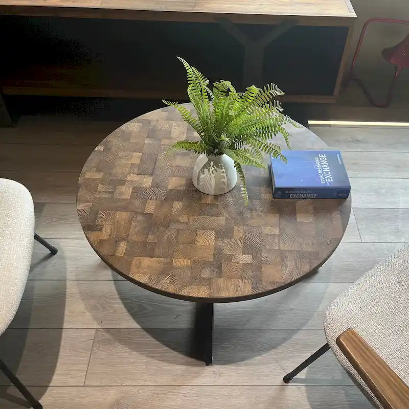 Table basse ronde en bois et métal noir