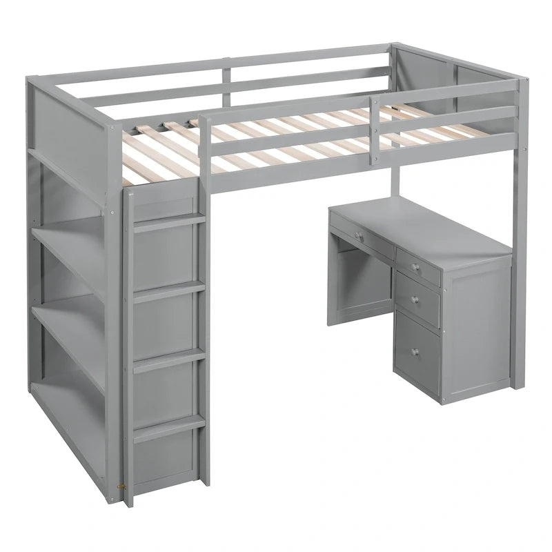 Lit mezzanine double avec échelle, étagères et bureau