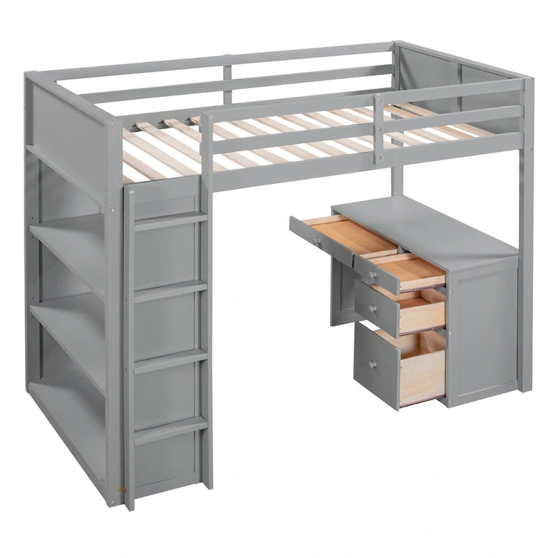 Lit mezzanine double avec échelle, étagères et bureau