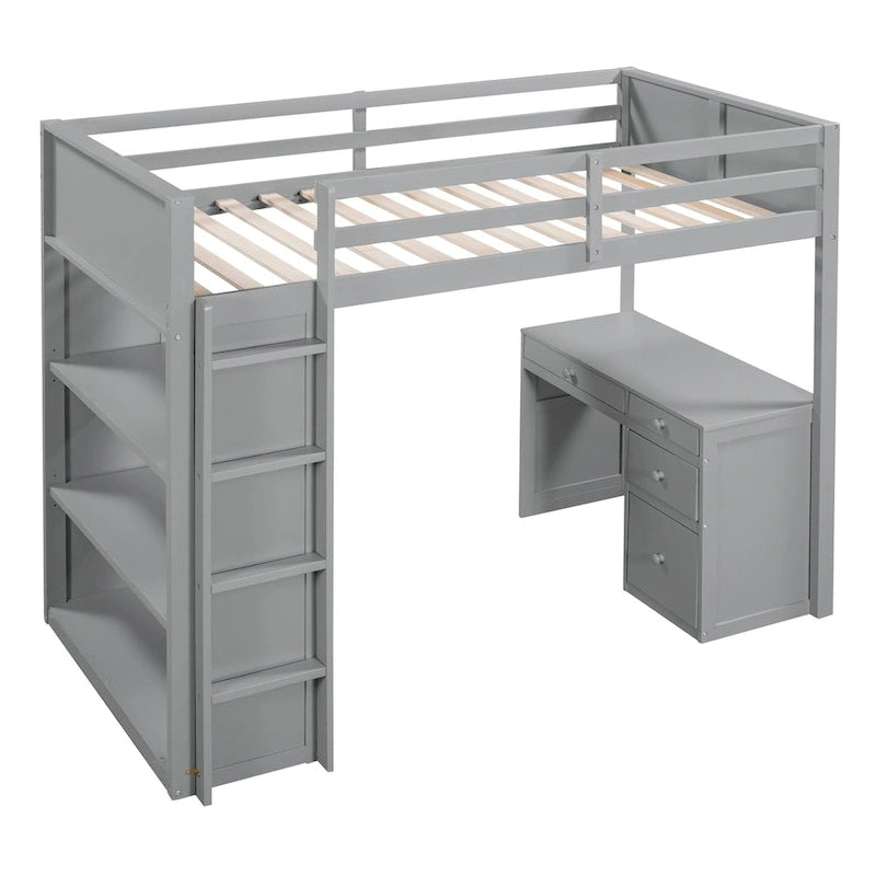 Lit mezzanine double avec échelle, étagères et bureau