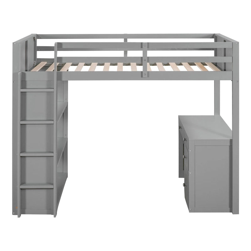 Lit mezzanine double avec échelle, étagères et bureau