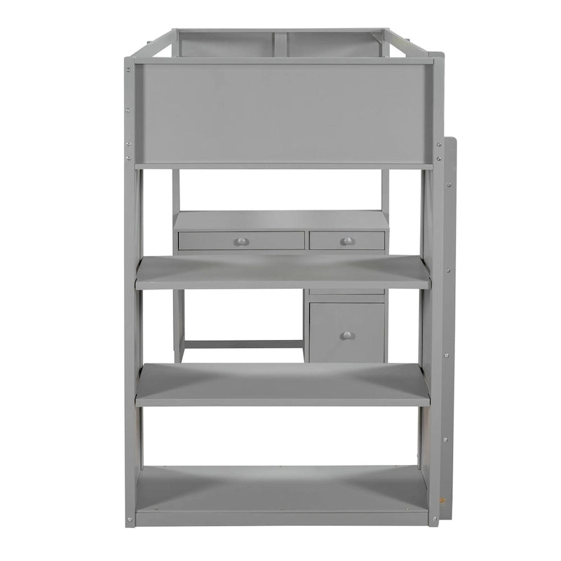 Lit mezzanine double avec échelle, étagères et bureau