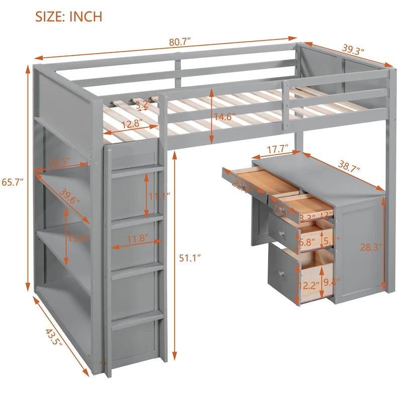 Lit mezzanine double avec échelle, étagères et bureau