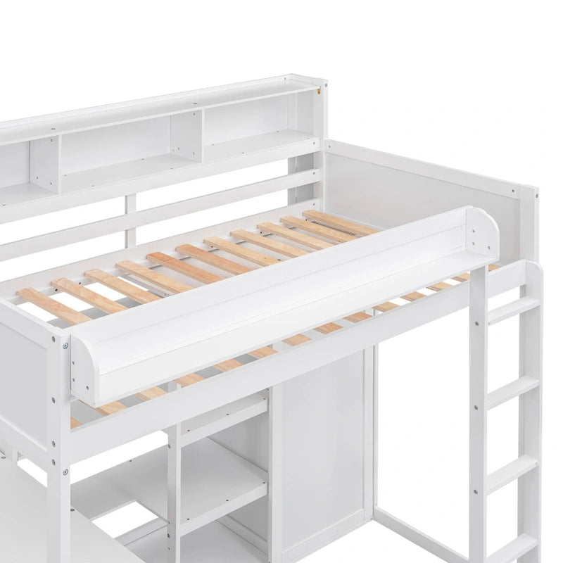 Lit mezzanine double avec étagères de rangement, bureau sous le lit, cadres de lit en bois
