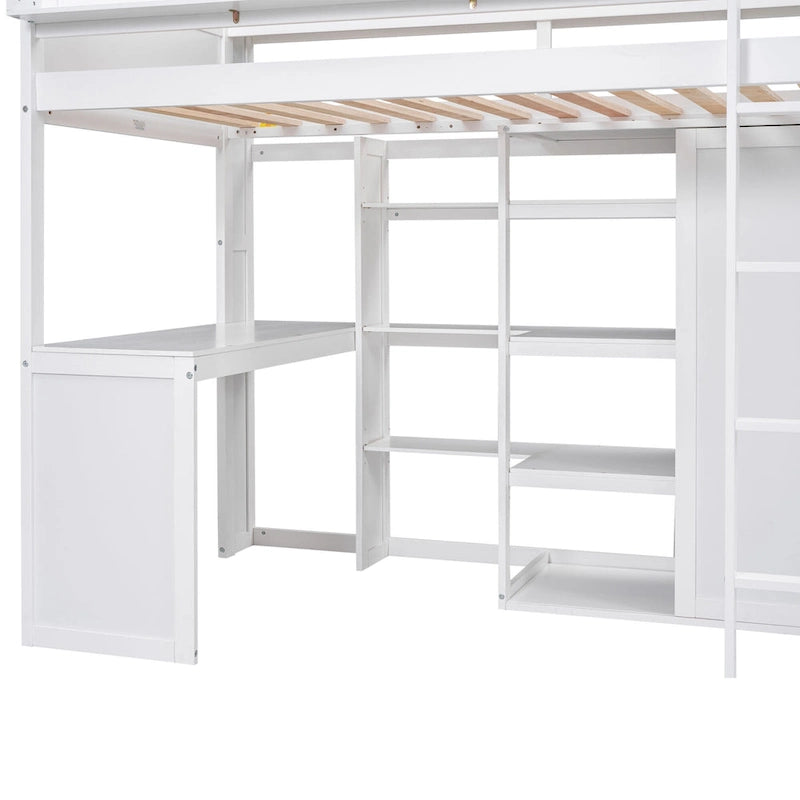 Lit mezzanine double avec étagères de rangement, bureau sous le lit, cadres de lit en bois