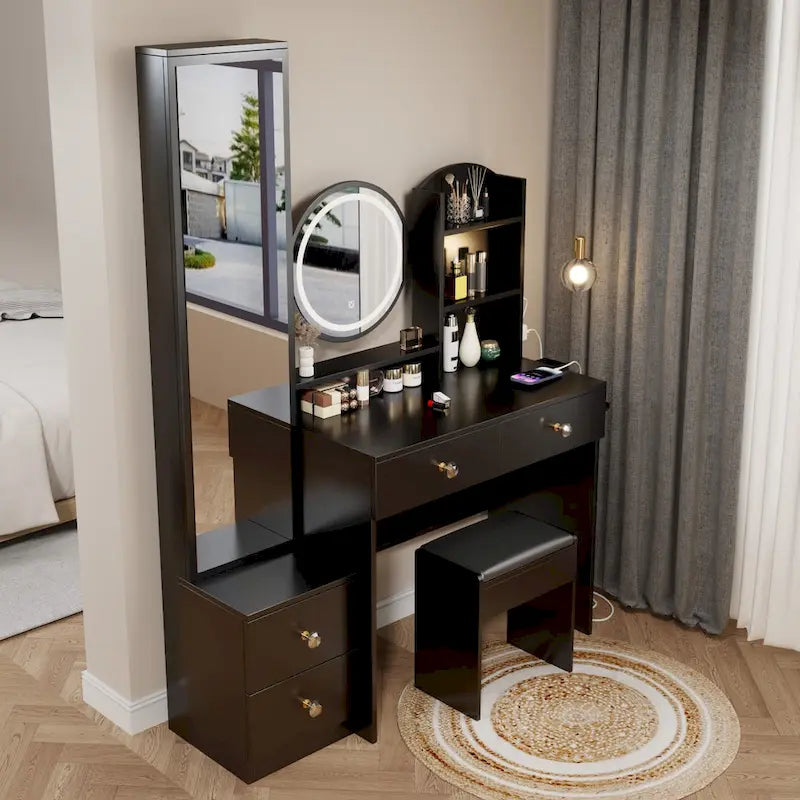 Armoire-miroir corps entier + Miroir rond LED de coiffeuse + Tabouret rembourré