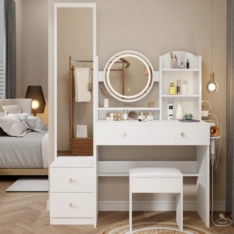 Armoire-miroir corps entier + Miroir rond LED de coiffeuse + Tabouret rembourré