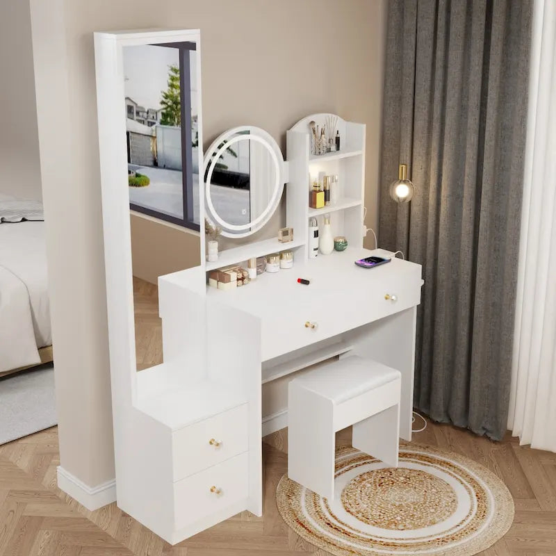 Armoire-miroir corps entier + Miroir rond LED de coiffeuse + Tabouret rembourré