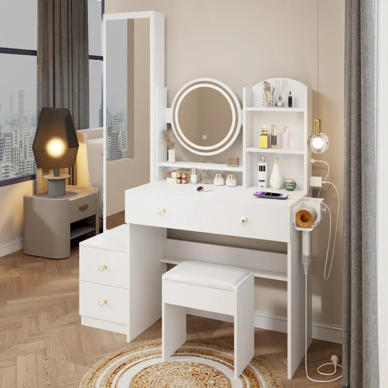 Armoire-miroir corps entier + Miroir rond LED de coiffeuse + Tabouret rembourré