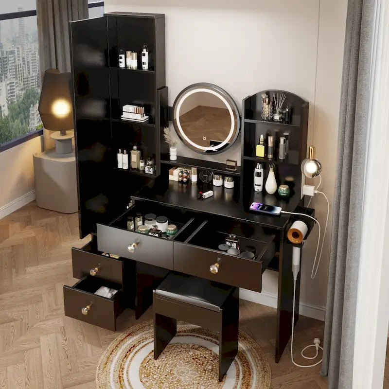 Armoire-miroir corps entier + Miroir rond LED de coiffeuse + Tabouret rembourré