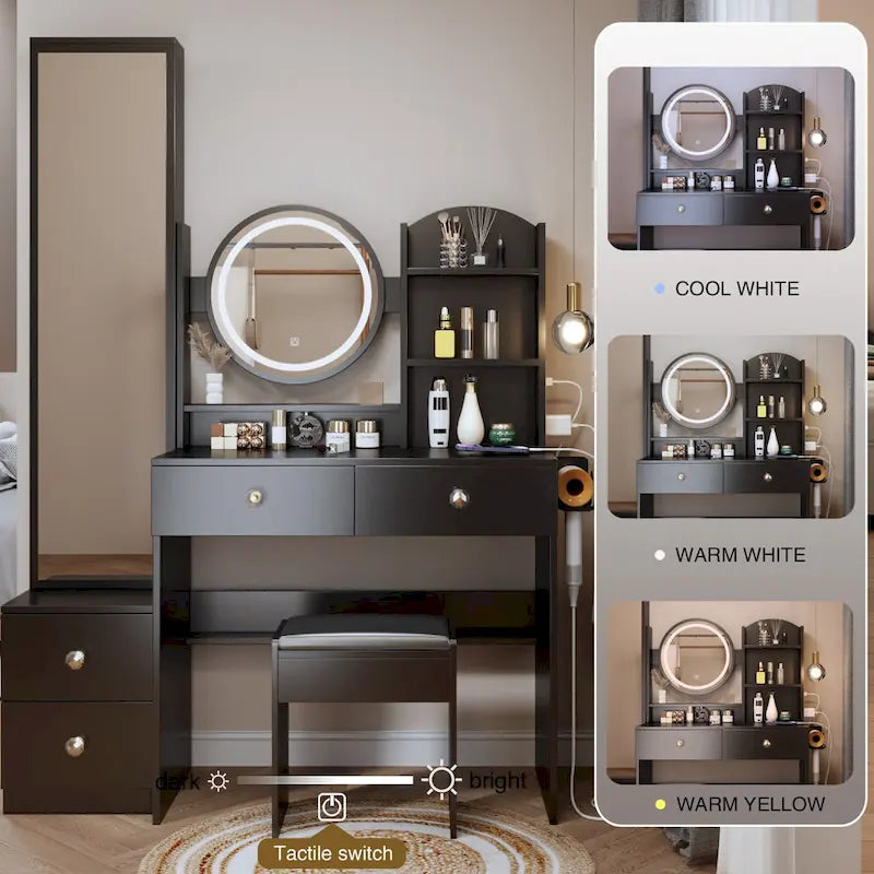 Armoire-miroir corps entier + Miroir rond LED de coiffeuse + Tabouret rembourré