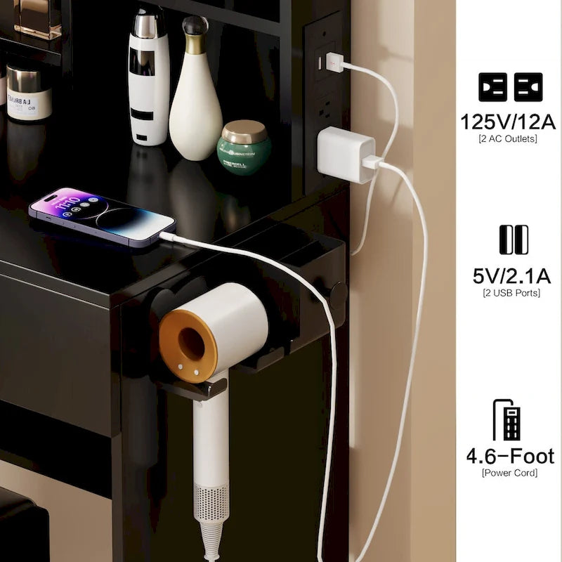 Armoire-miroir corps entier + Miroir rond LED de coiffeuse + Tabouret rembourré