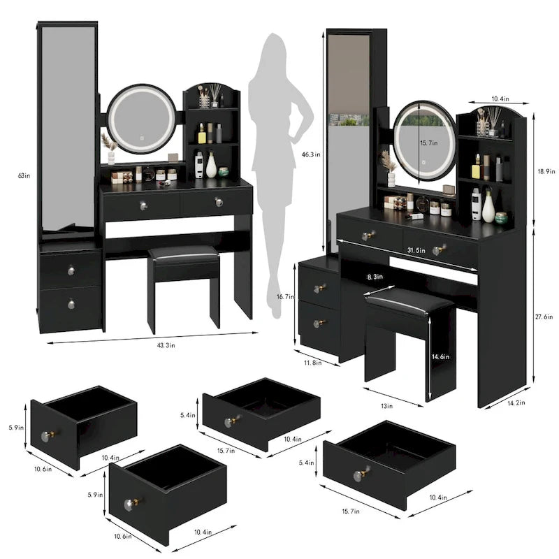 Armoire-miroir corps entier + Miroir rond LED de coiffeuse + Tabouret rembourré