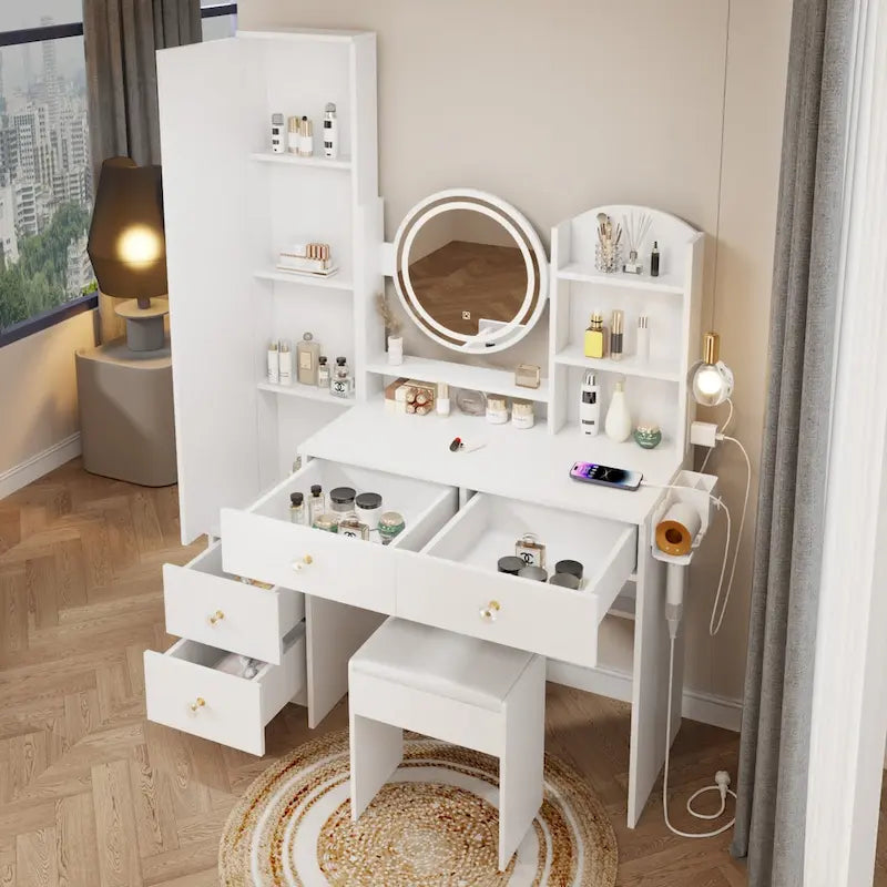 Armoire-miroir corps entier + Miroir rond LED de coiffeuse + Tabouret rembourré
