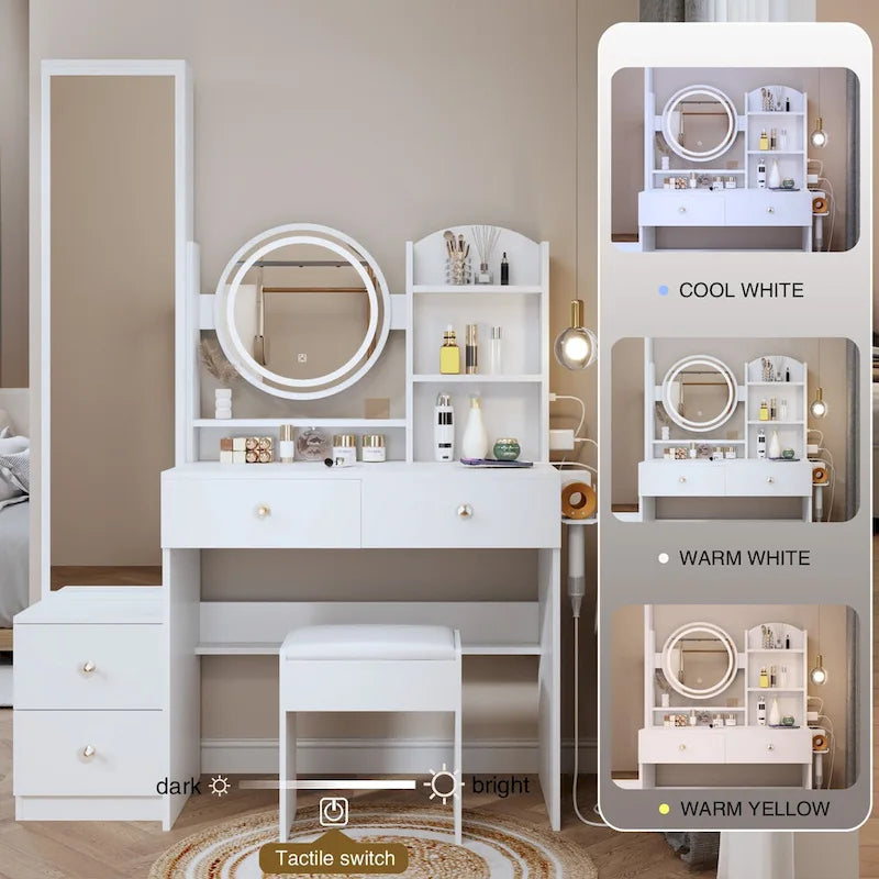 Armoire-miroir corps entier + Miroir rond LED de coiffeuse + Tabouret rembourré
