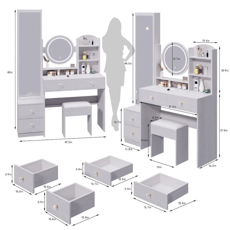 Armoire-miroir corps entier + Miroir rond LED de coiffeuse + Tabouret rembourré