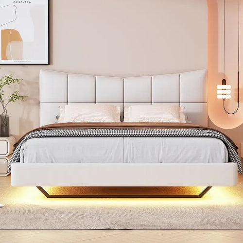 Lit plateforme rembourré beige