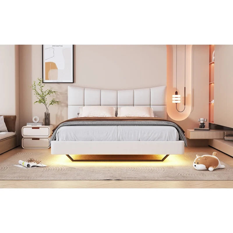 Lit plateforme rembourré beige