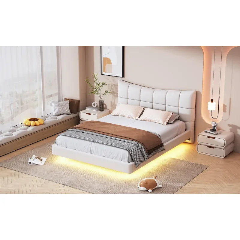 Lit plateforme rembourré beige