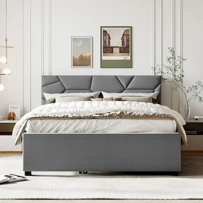 Lit plateforme capitonné gris grand lit