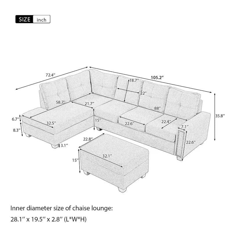 Canapé modulable 6 places en L interchangeable