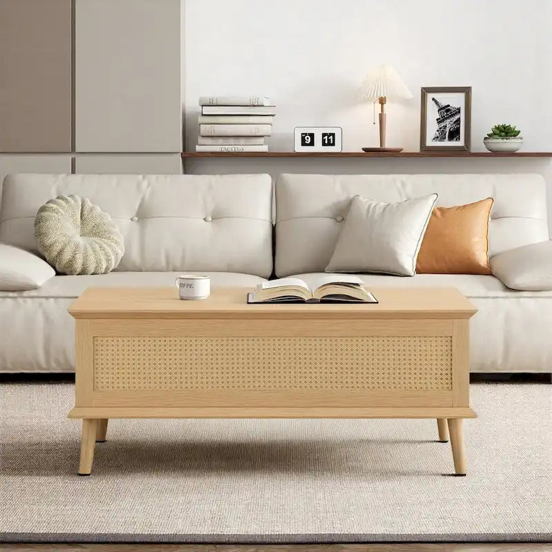 Table basse avec plateau relevable et rangement en rotin tressé