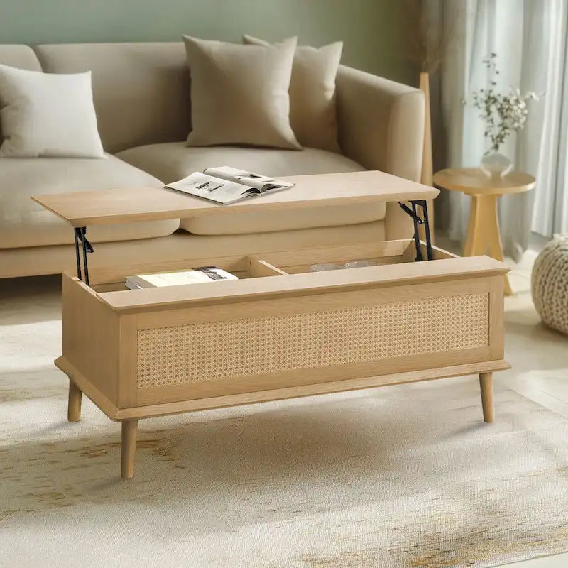 Table basse avec plateau relevable et rangement en rotin tressé