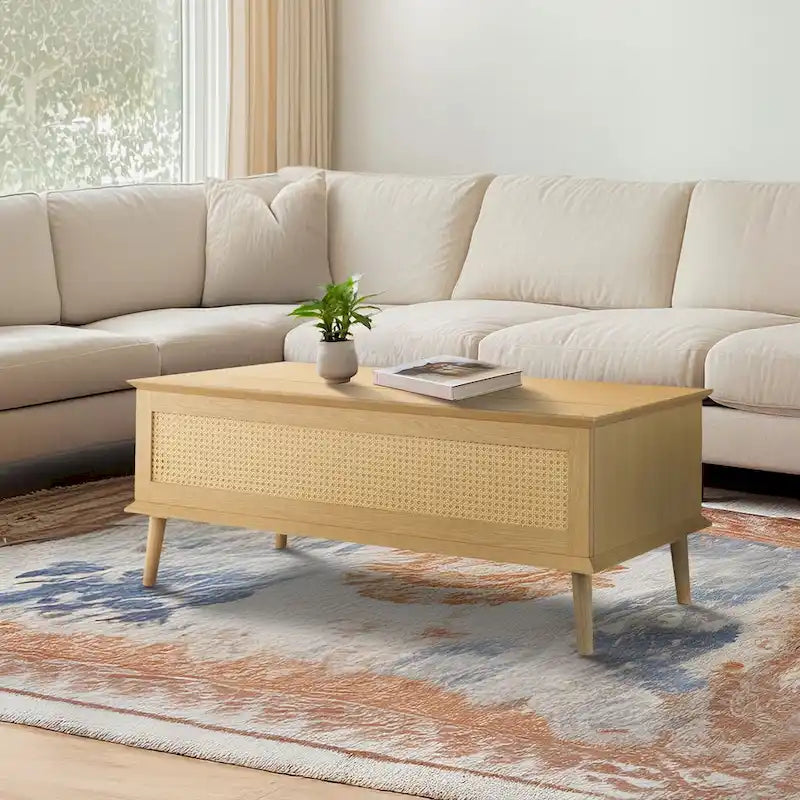 Table basse avec plateau relevable et rangement en rotin tressé