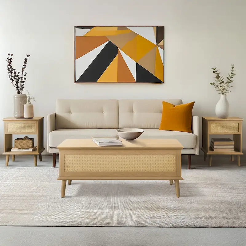 Table basse avec plateau relevable et rangement en rotin tressé