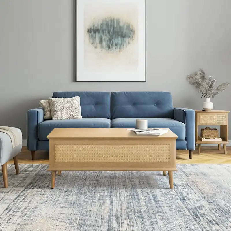 Table basse avec plateau relevable et rangement en rotin tressé