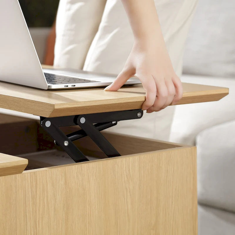 Table basse avec plateau relevable et rangement en rotin tressé