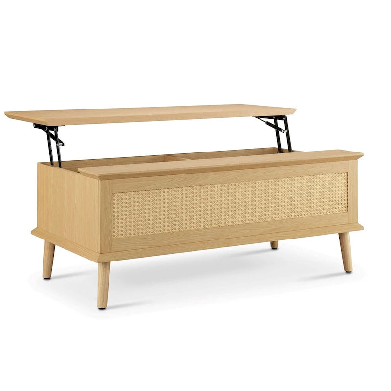 Table basse avec plateau relevable et rangement en rotin tressé