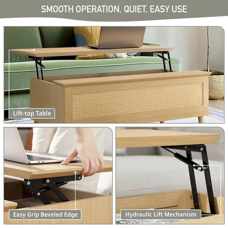 Table basse avec plateau relevable et rangement en rotin tressé