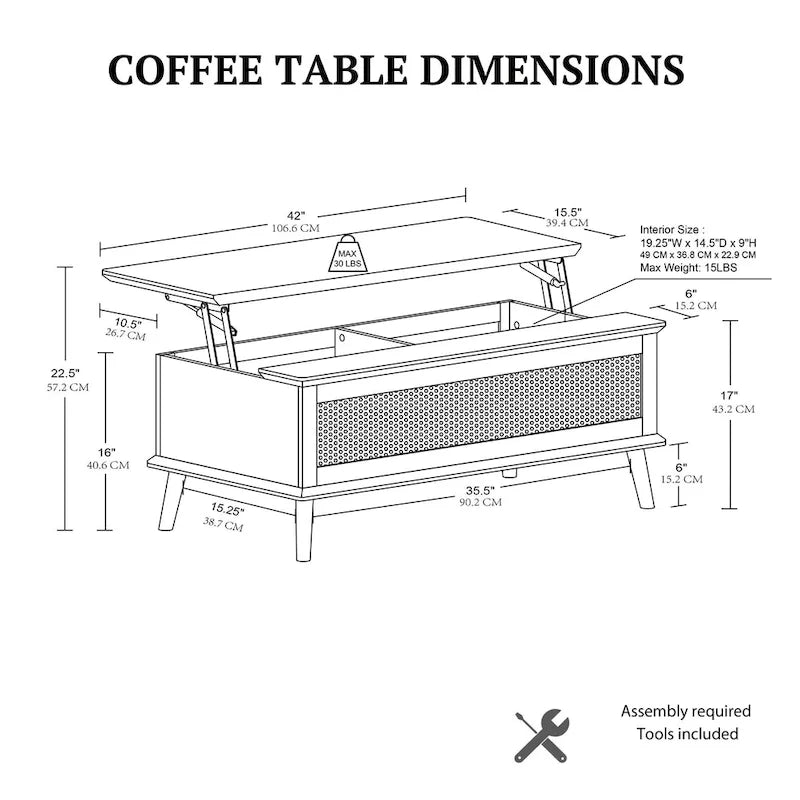 Table basse avec plateau relevable et rangement en rotin tressé
