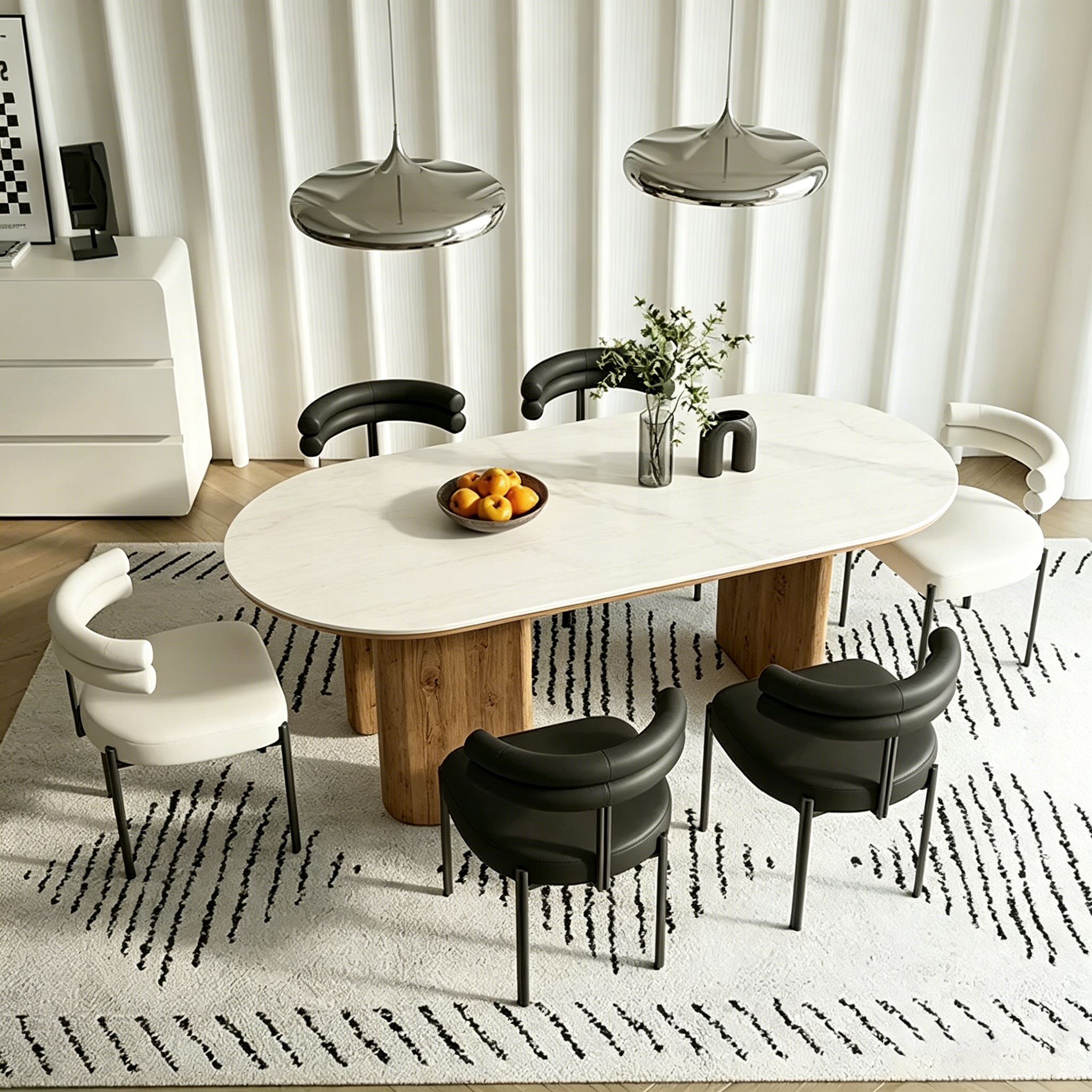 Table à manger ovale moderne en similicuir marbre crème