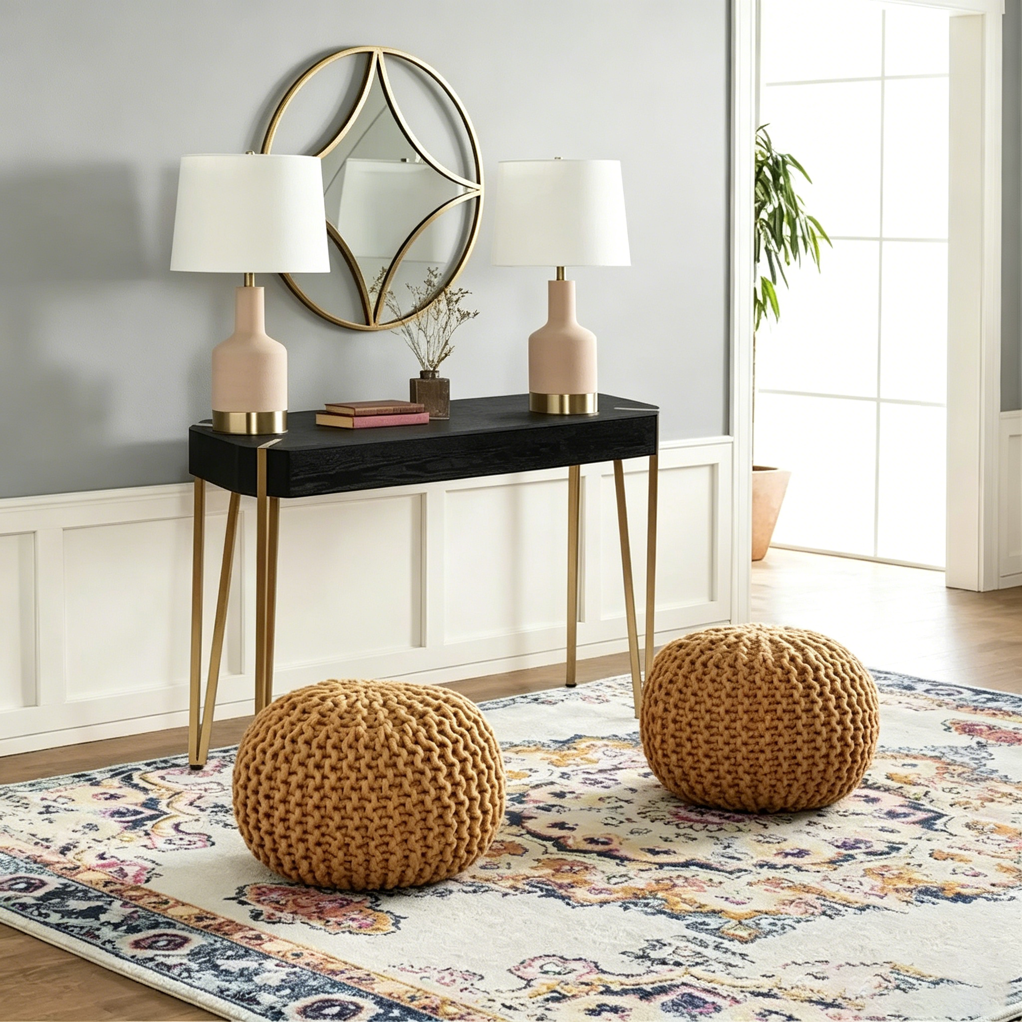 Console et table d'entrée en bois noir et métal doré