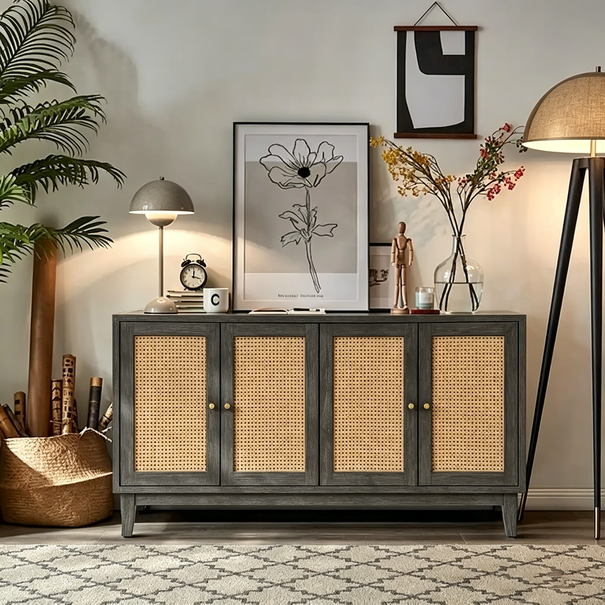 Meuble de rangement d'appoint avec 4 portes en rotin