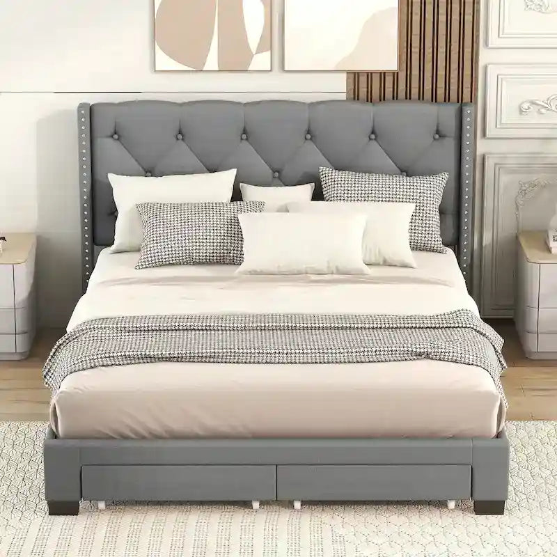 Lit plateforme Queen Size en lin avec 2 tiroirs