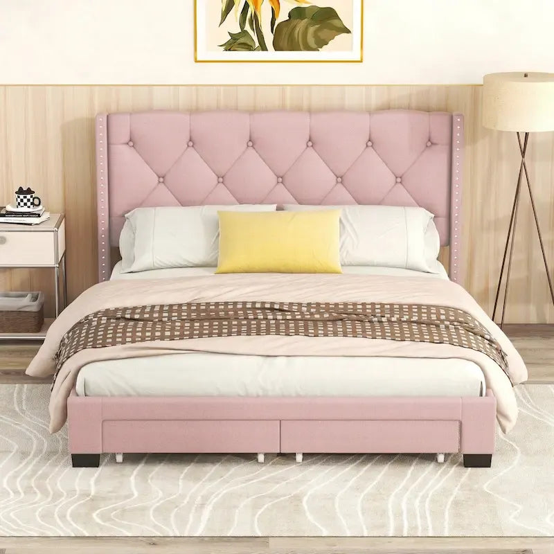 Lit plateforme Queen Size en lin avec 2 tiroirs