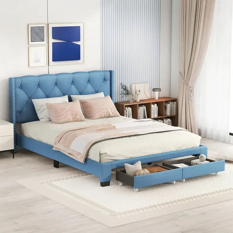 Lit plateforme Queen Size en lin avec 2 tiroirs