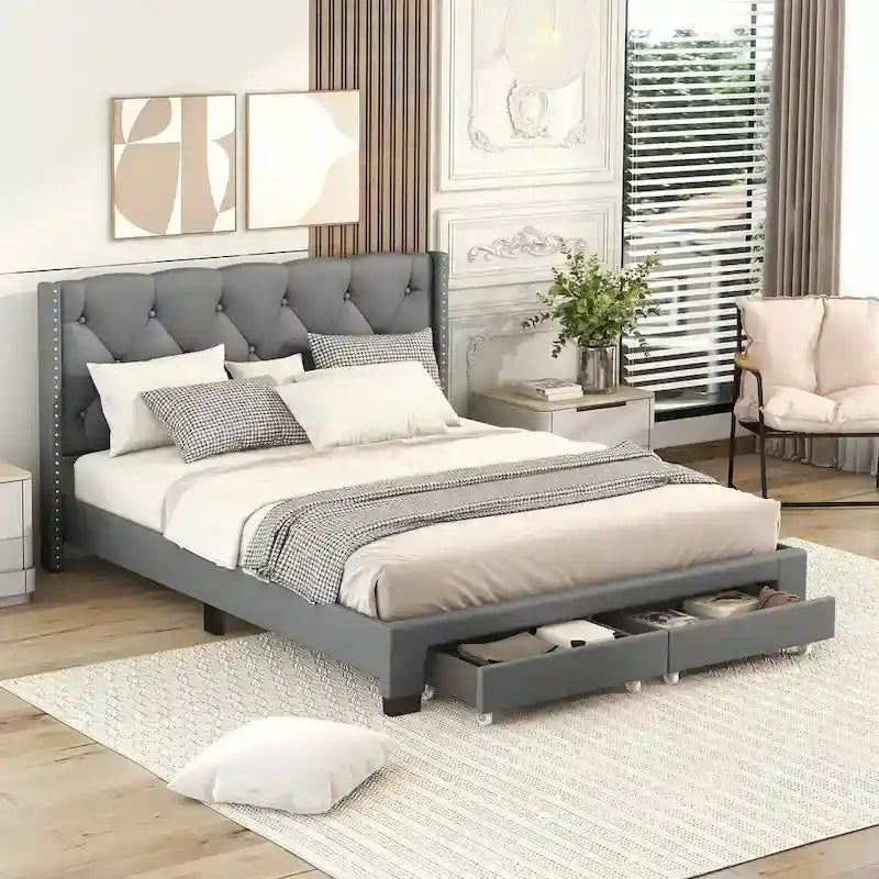 Lit plateforme Queen Size en lin avec 2 tiroirs