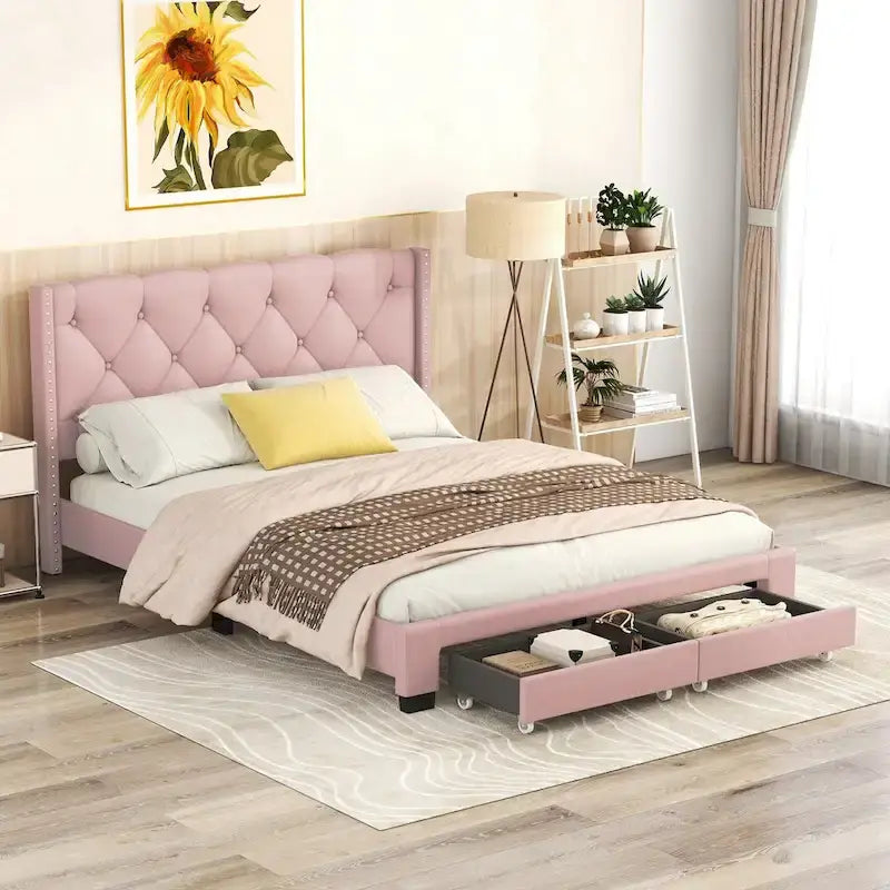 Lit plateforme Queen Size en lin avec 2 tiroirs