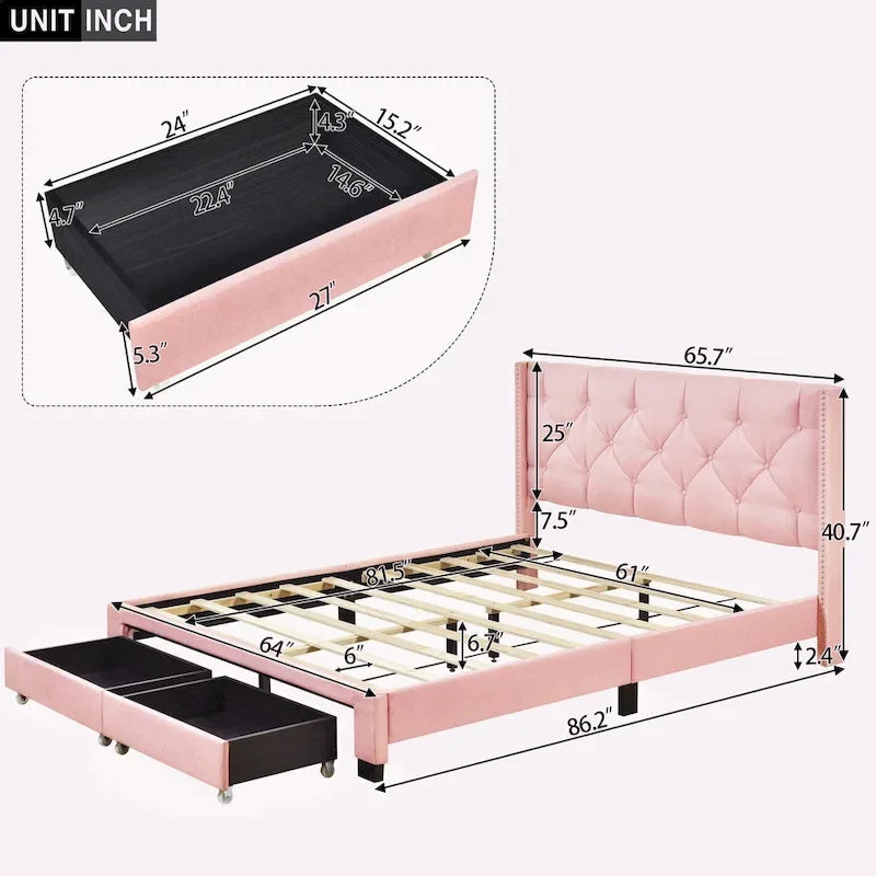 Lit plateforme Queen Size en lin avec 2 tiroirs