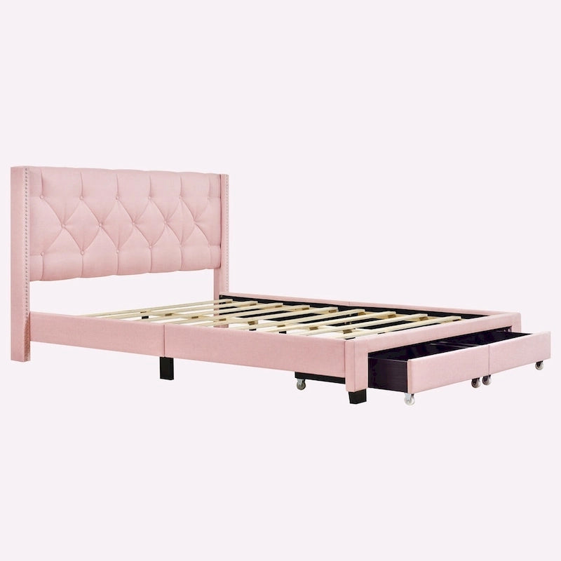 Lit plateforme Queen Size en lin avec 2 tiroirs