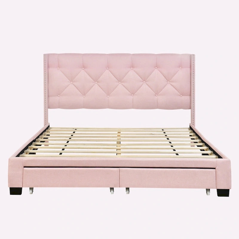 Lit plateforme Queen Size en lin avec 2 tiroirs
