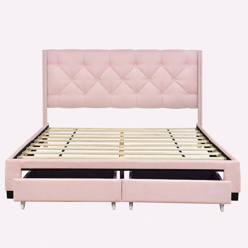 Lit plateforme Queen Size en lin avec 2 tiroirs