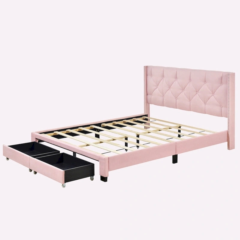 Lit plateforme Queen Size en lin avec 2 tiroirs