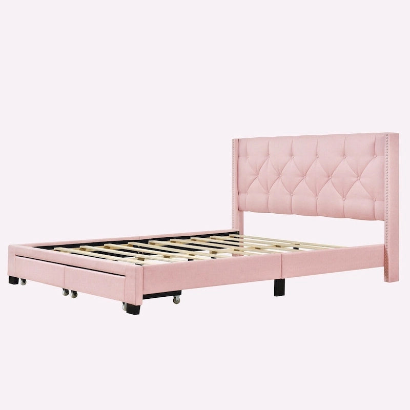 Lit plateforme Queen Size en lin avec 2 tiroirs