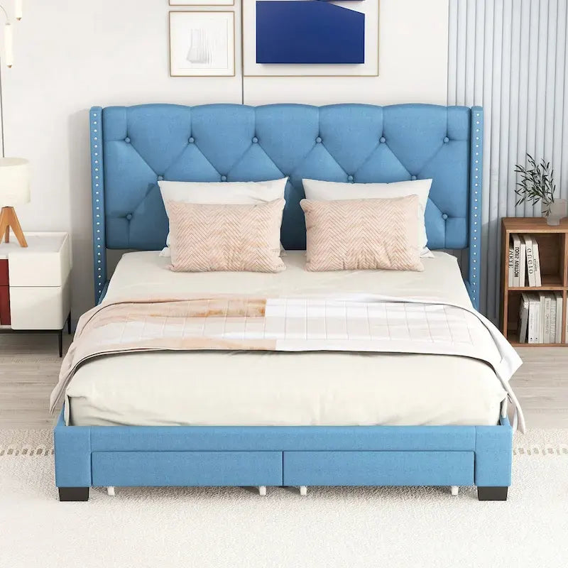 Lit plateforme Queen Size en lin avec 2 tiroirs